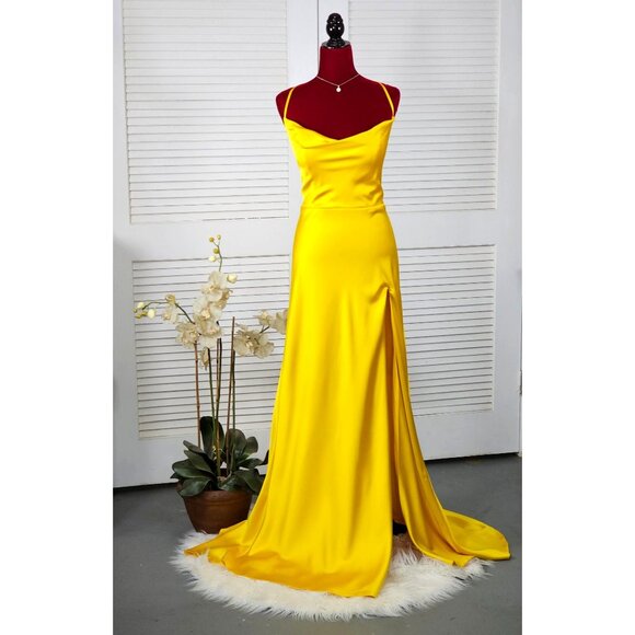 NWT Ellie Wilde Mon Cheri Sunflower Yellow Satin Long Prom Dress Size 16 1751 - Picture 2 of 16